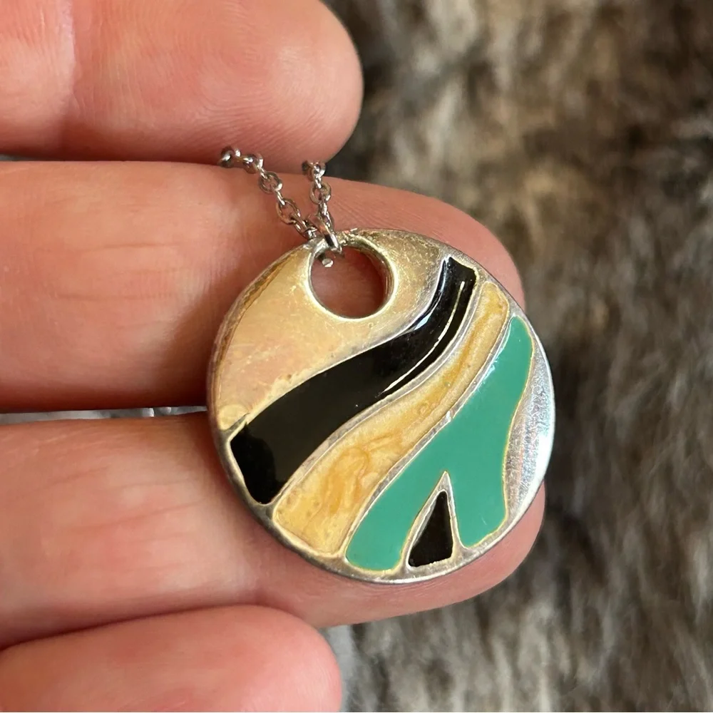 Handcrafted repurpose enamel swirl vintage pendant on chain necklace